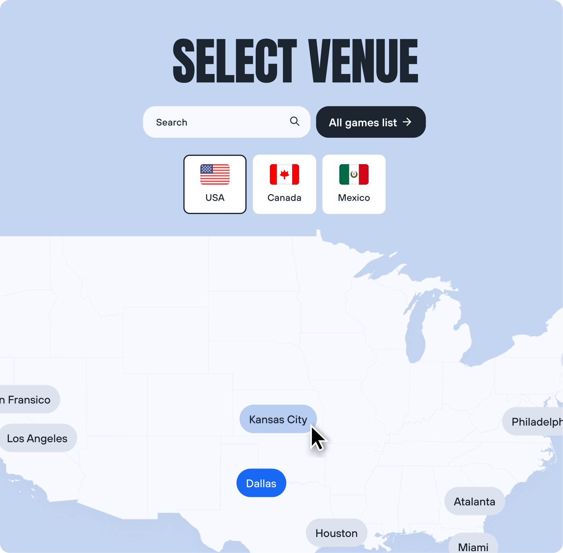 Select Venue interface for choosing a World Cup stadium