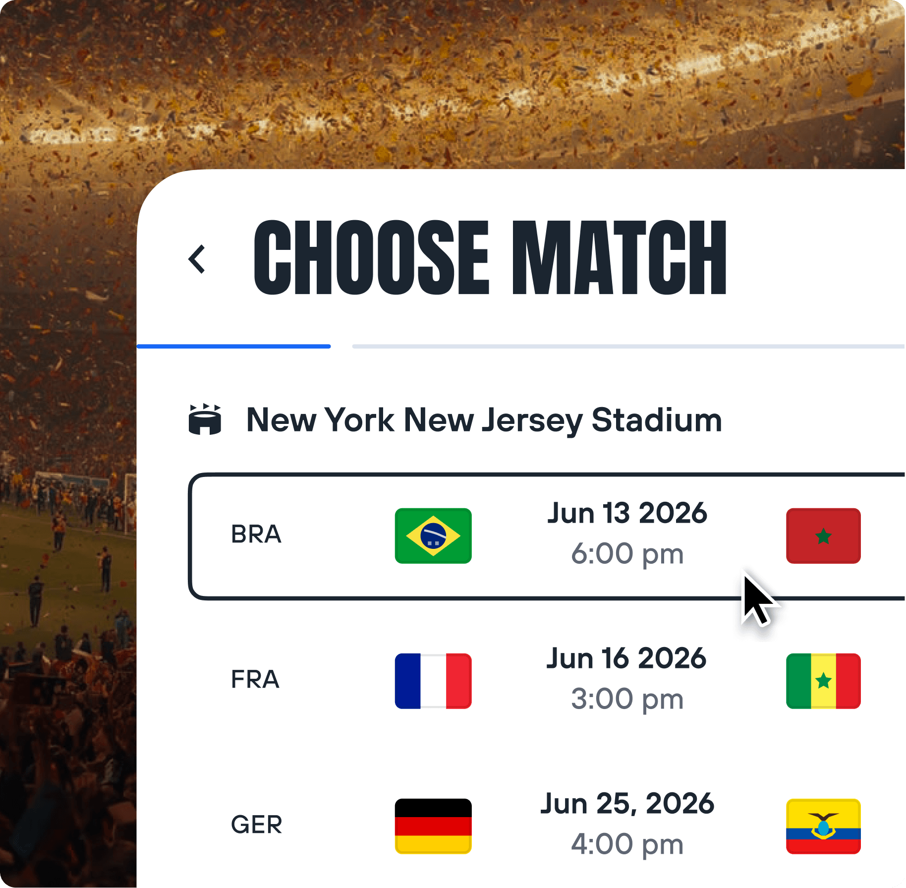 Choose Match interface for selecting a World Cup fixture