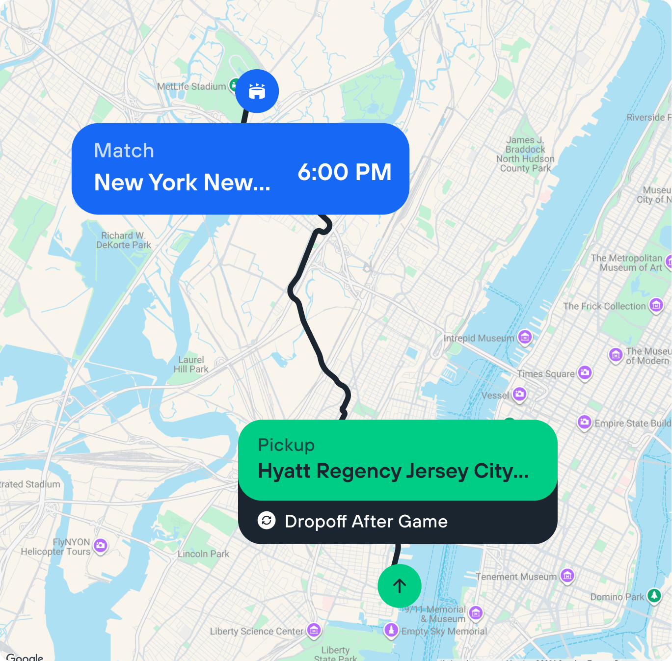 Map route between the stadium and pickup location