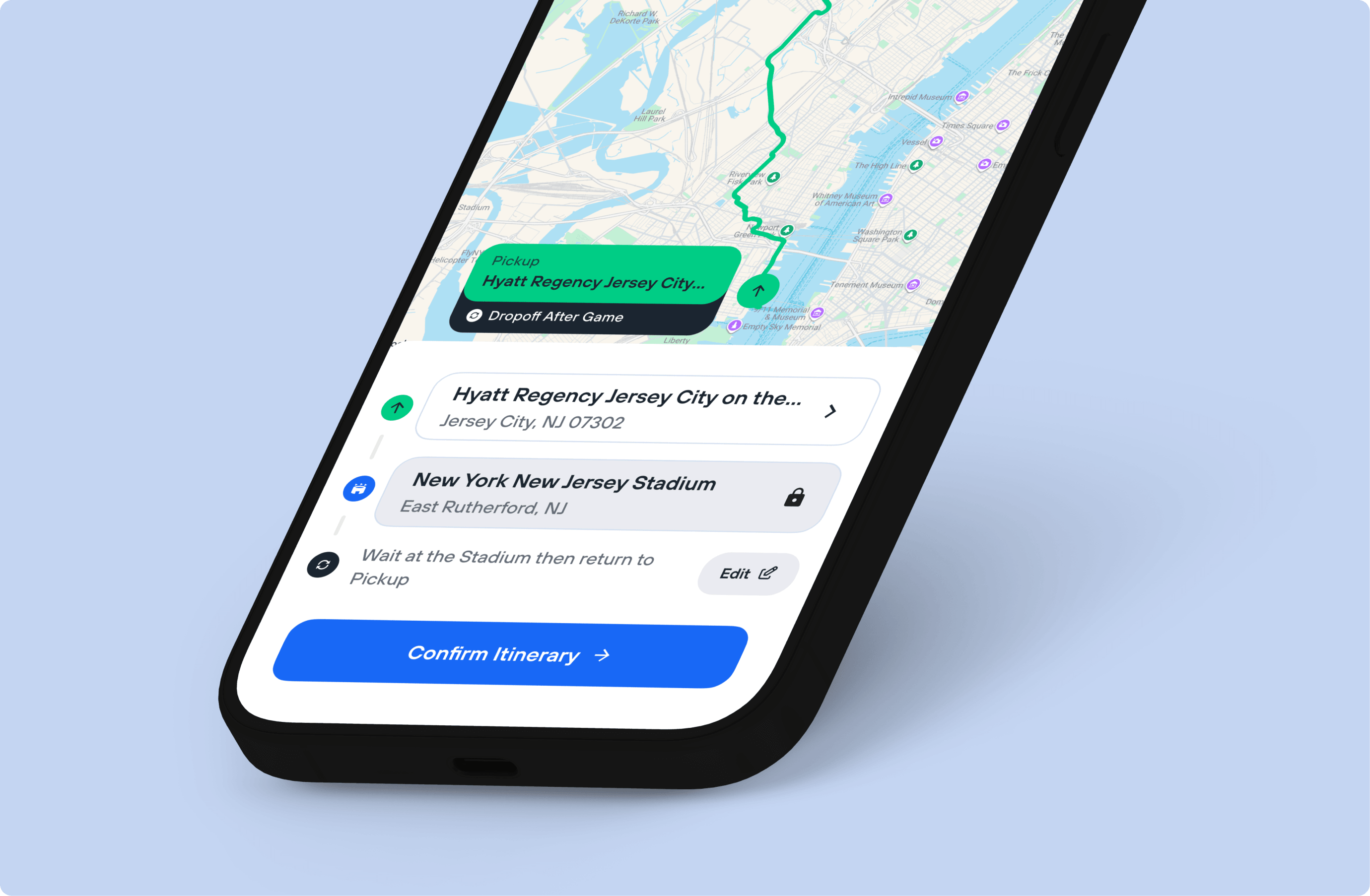 EventFlow itinerary confirmation shown on a mobile device