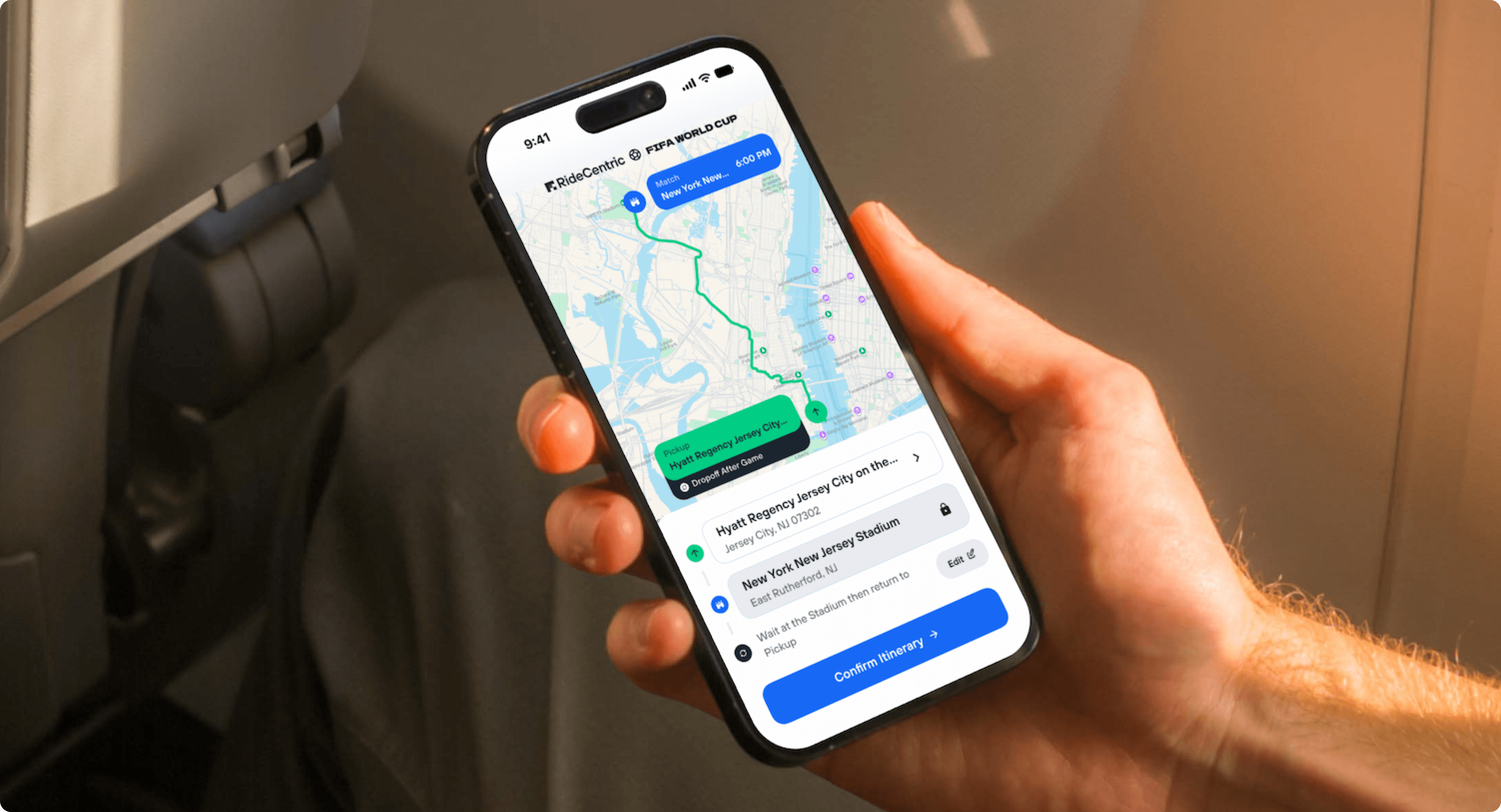 EventFlow World Cup itinerary shown on a phone in a passenger's hand