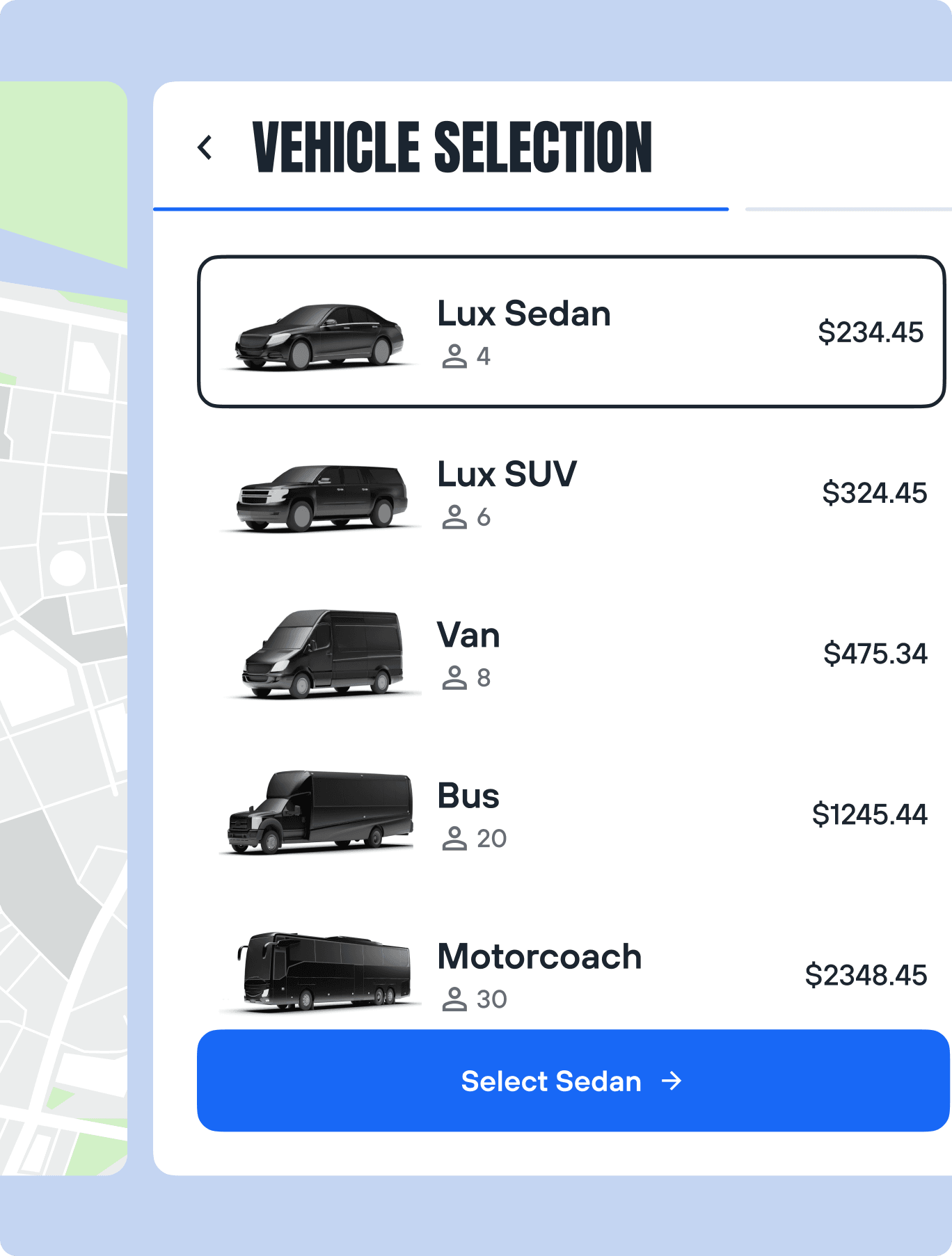EventFlow vehicle selection interface