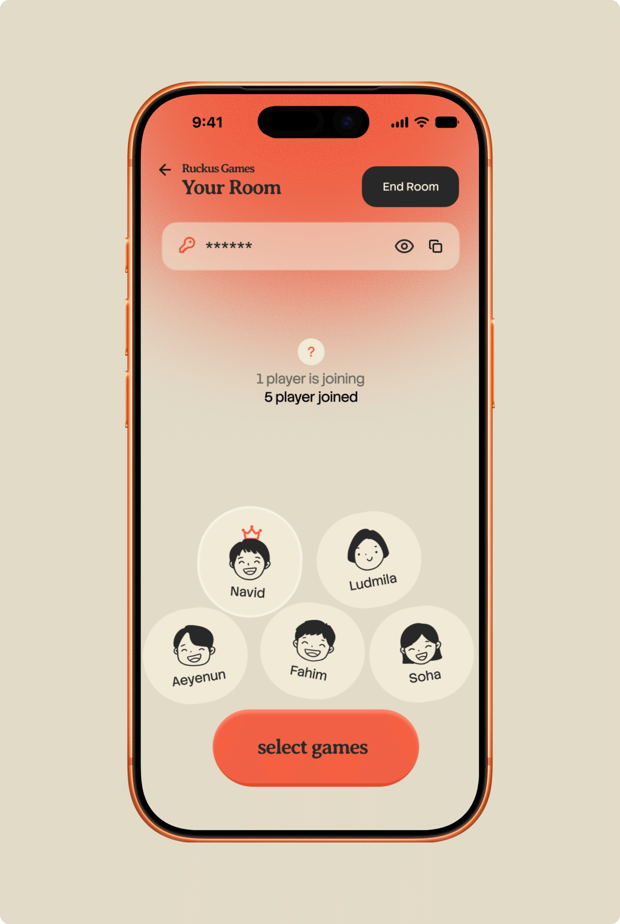 Ruckus Games room interface on an orange phone