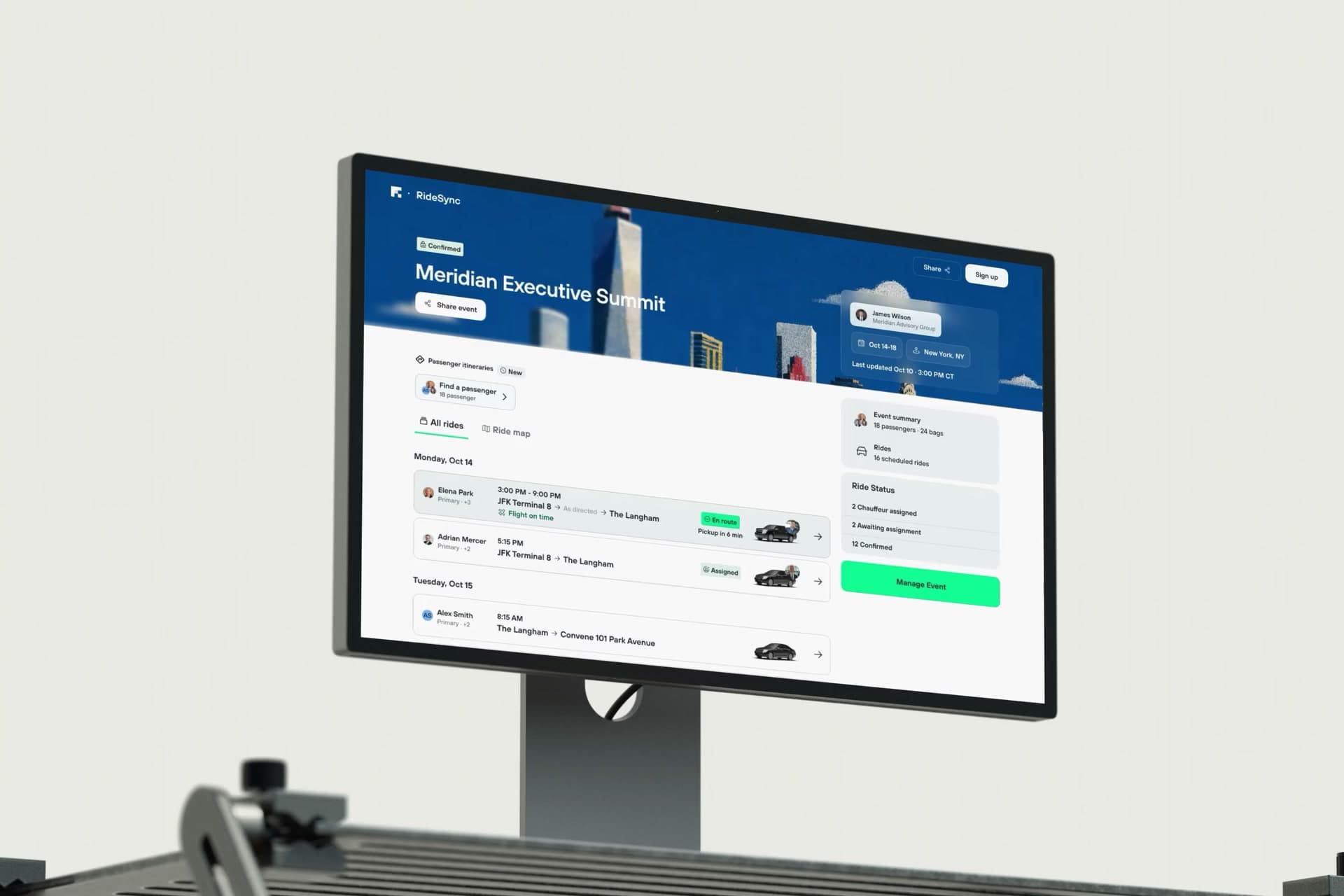 RideSync living itinerary experience displayed on a Studio Display mockup