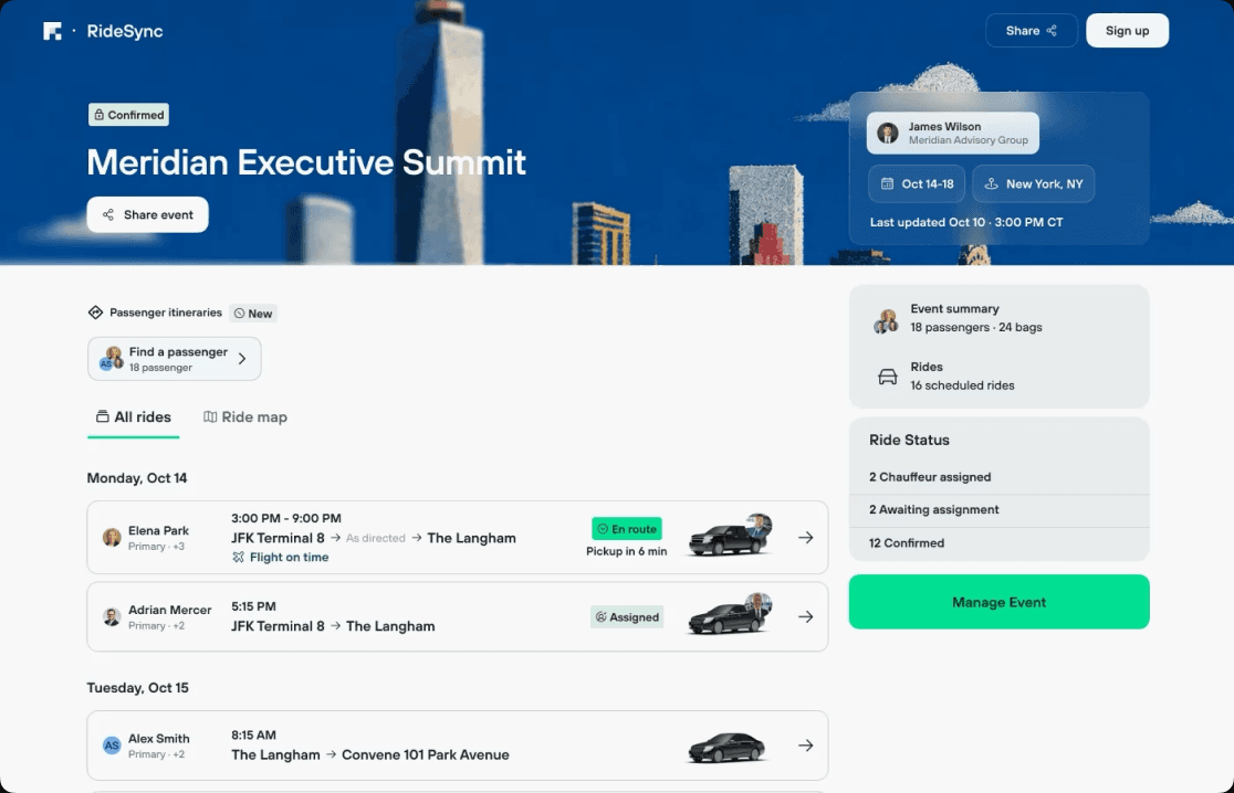 RideSync event dashboard with passengers, rides and statuses