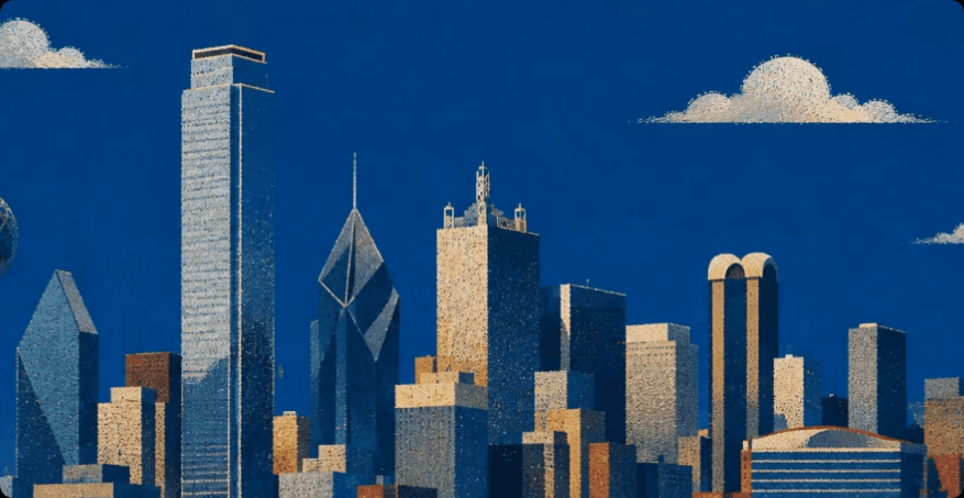 A blue cityscape illustration used in the RideSync experience