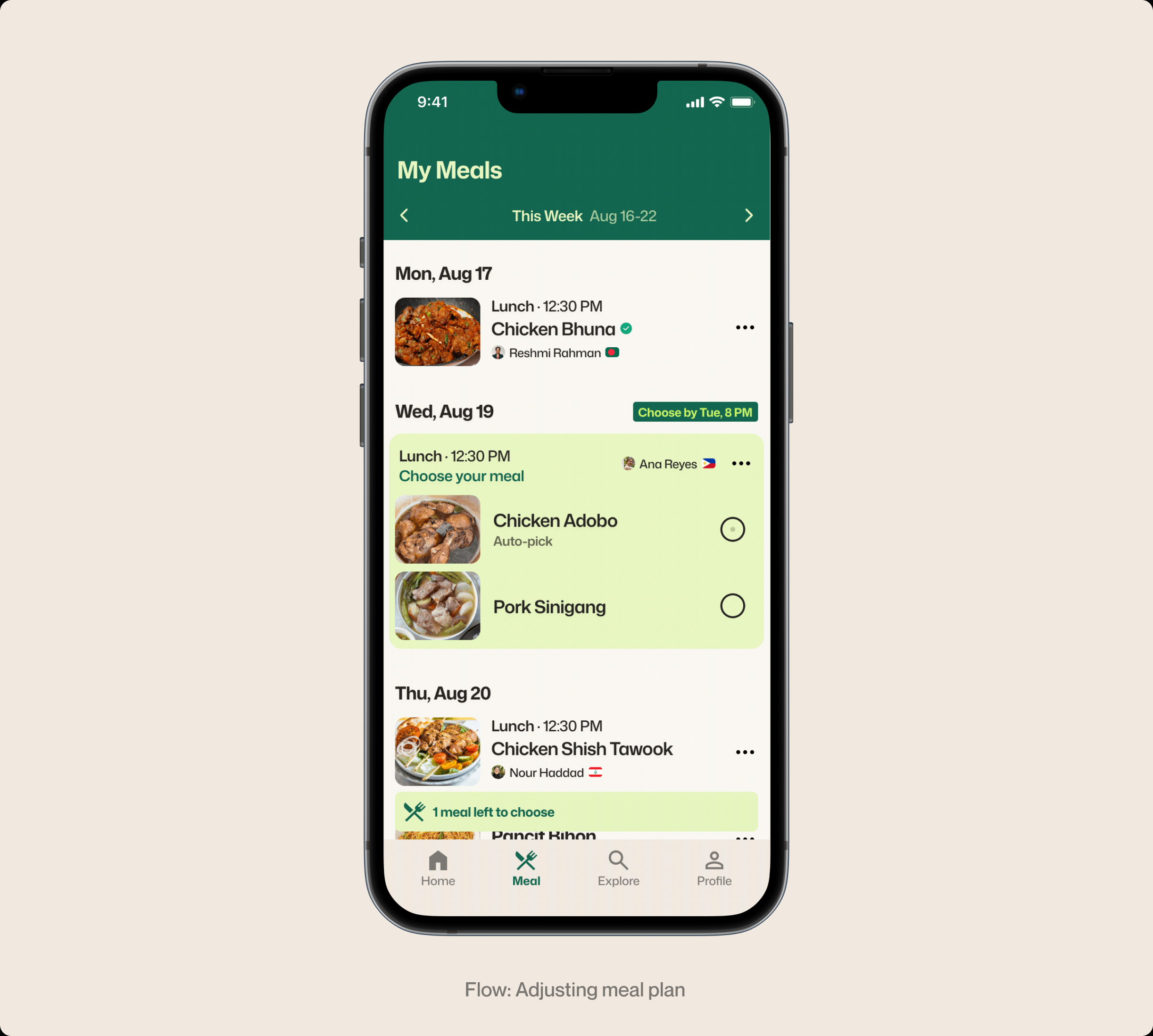 Needin flow for adjusting a weekly meal plan