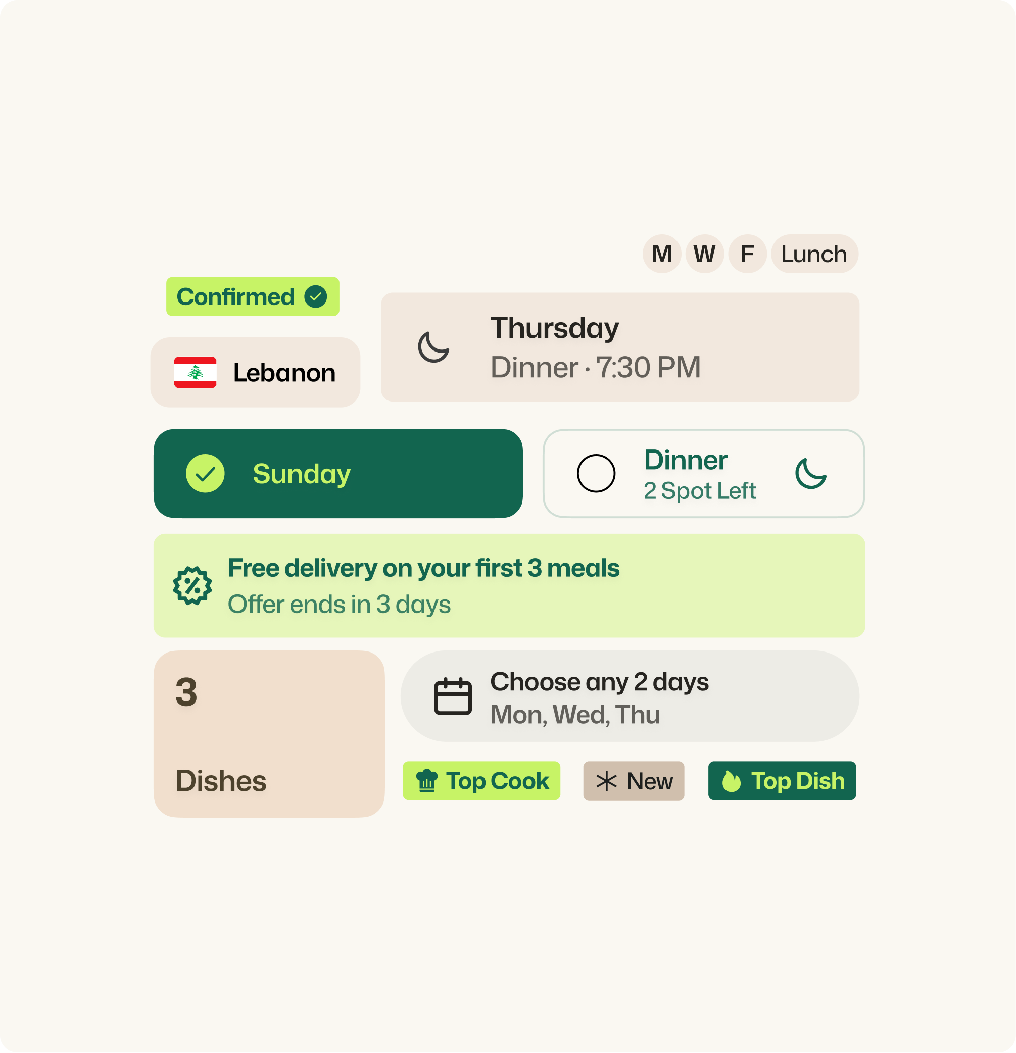 Needin interface tags, schedules, offers and meal-plan components