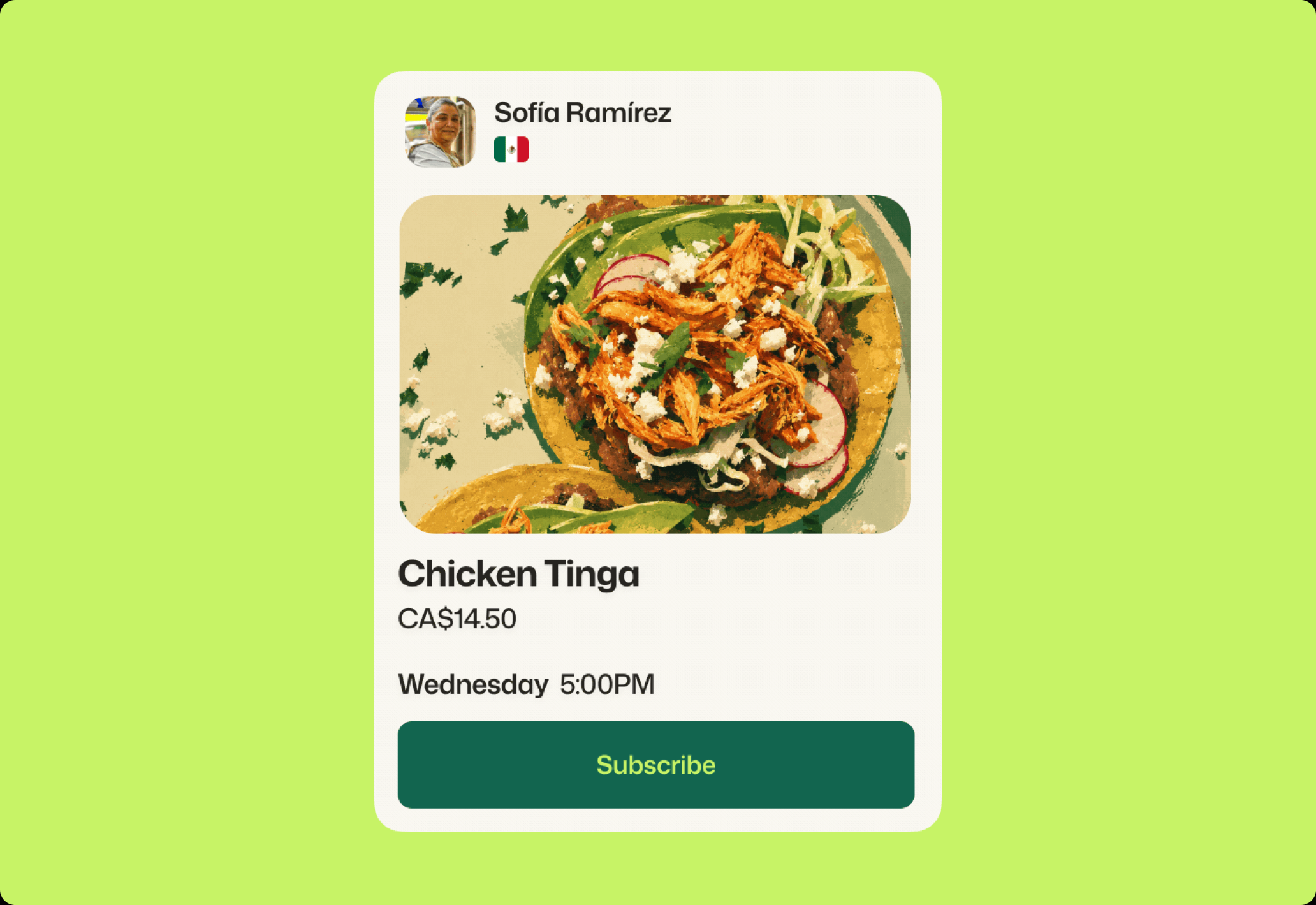 A recurring Chicken Tinga meal card with schedule and subscription details