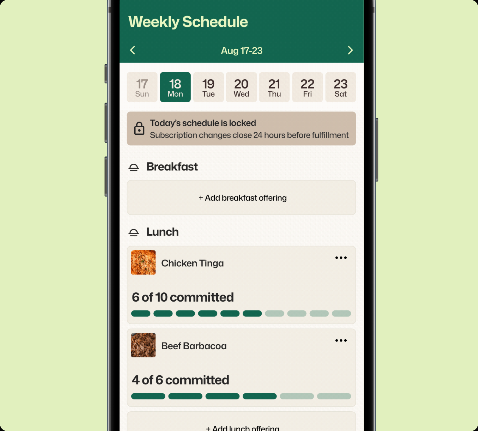Cook weekly schedule showing locked capacity and committed portions